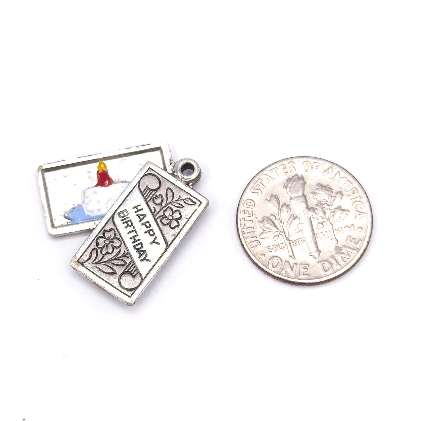 Mid-Century Enamel Birthday Card Charm in Sterling Silver