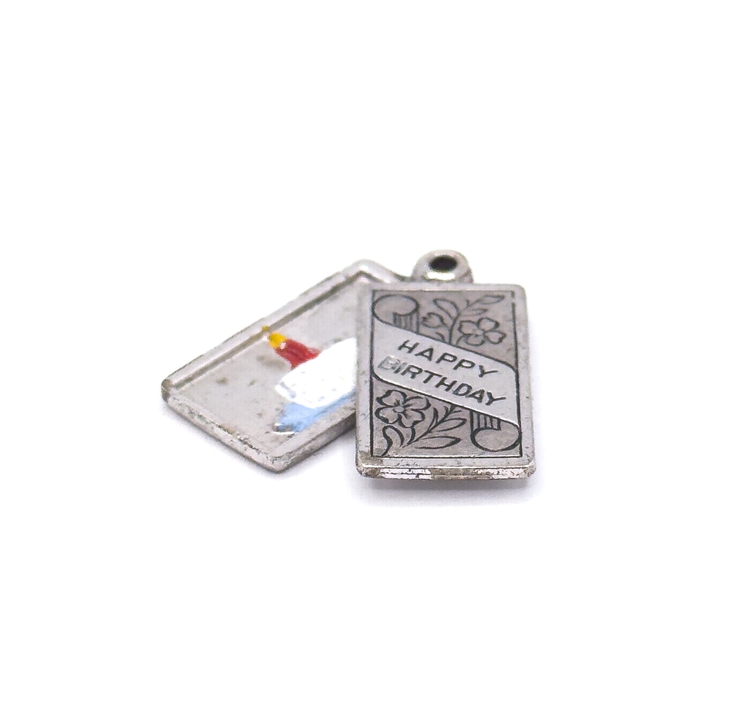 Mid-Century Enamel Birthday Card Charm in Sterling Silver