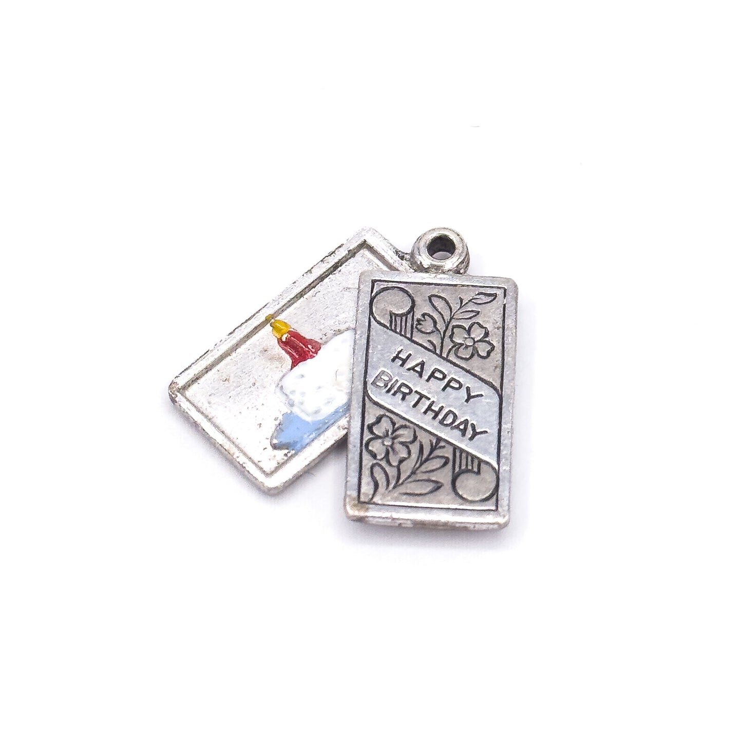 Mid-Century Enamel Birthday Card Charm in Sterling Silver