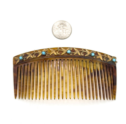 Antique Celluloid Comb with Turquoise Glass Cabochons