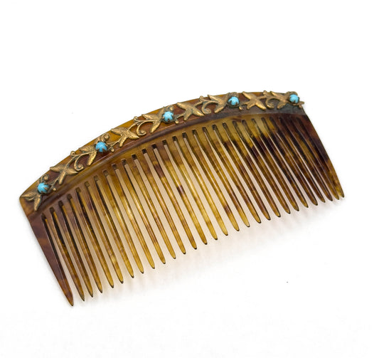 Antique Celluloid Comb with Turquoise Glass Cabochons