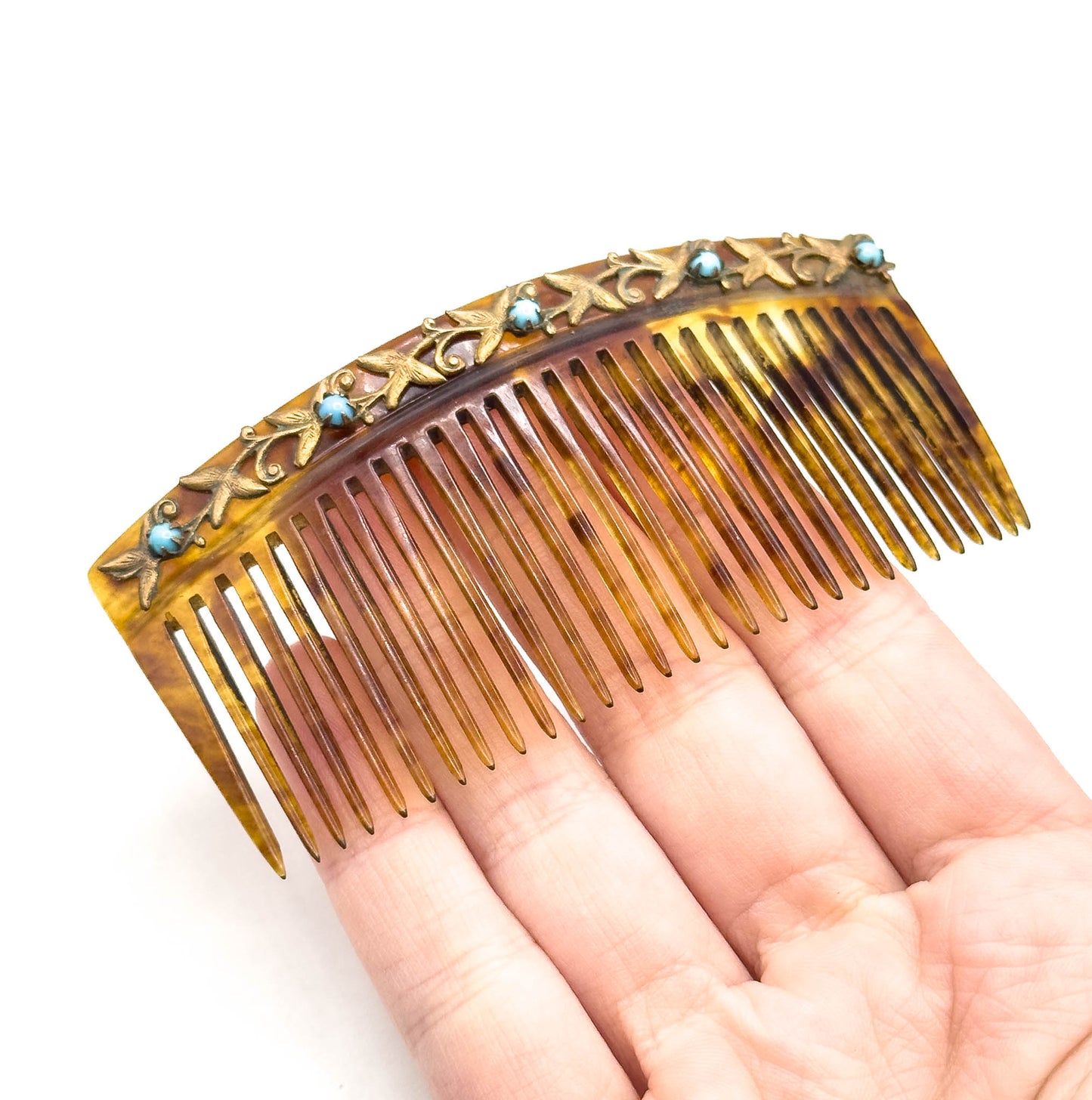 Antique Celluloid Comb with Turquoise Glass Cabochons