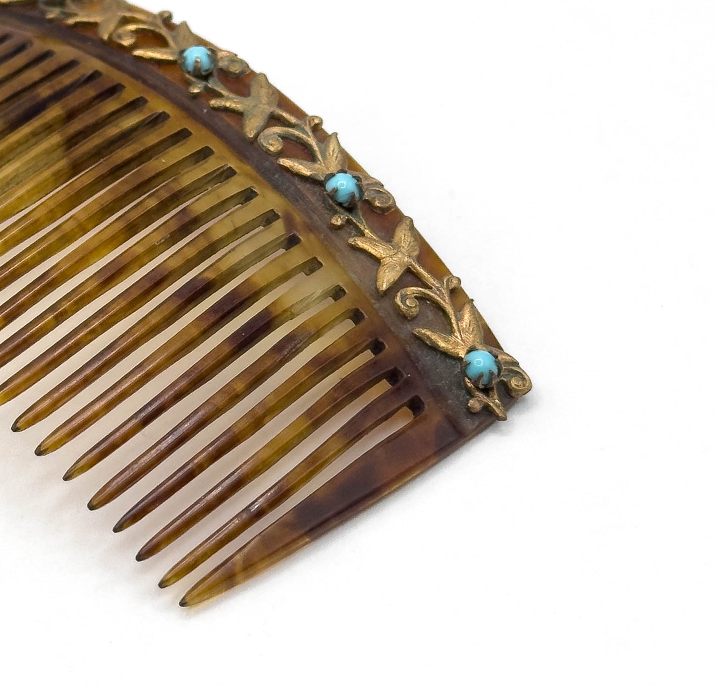 Antique Celluloid Comb with Turquoise Glass Cabochons