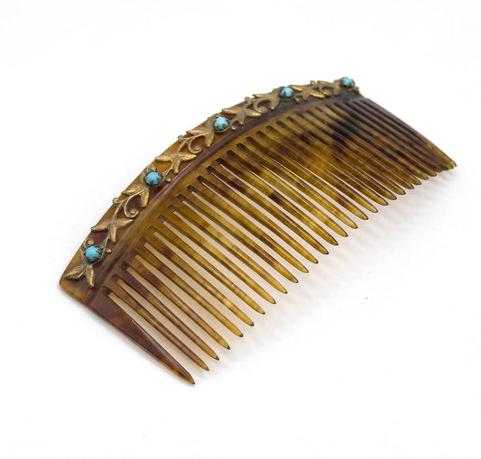Antique Celluloid Comb with Turquoise Glass Cabochons