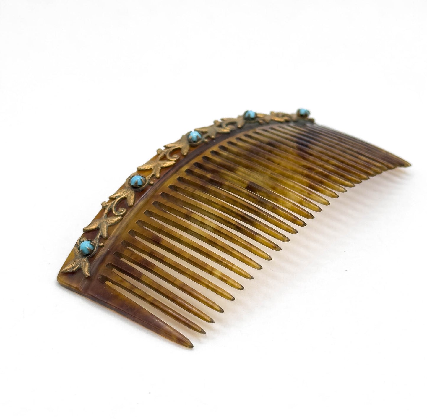 Antique Celluloid Comb with Turquoise Glass Cabochons