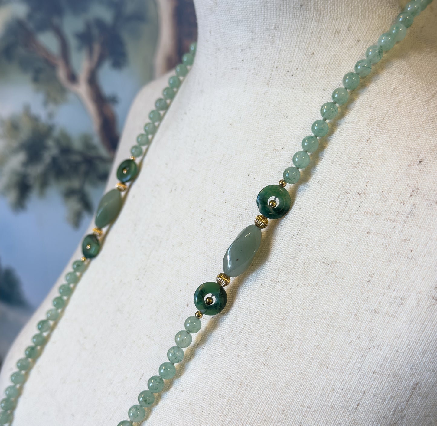 Vintage "Jade" Style Bi Gemstone Necklace with Gold accents