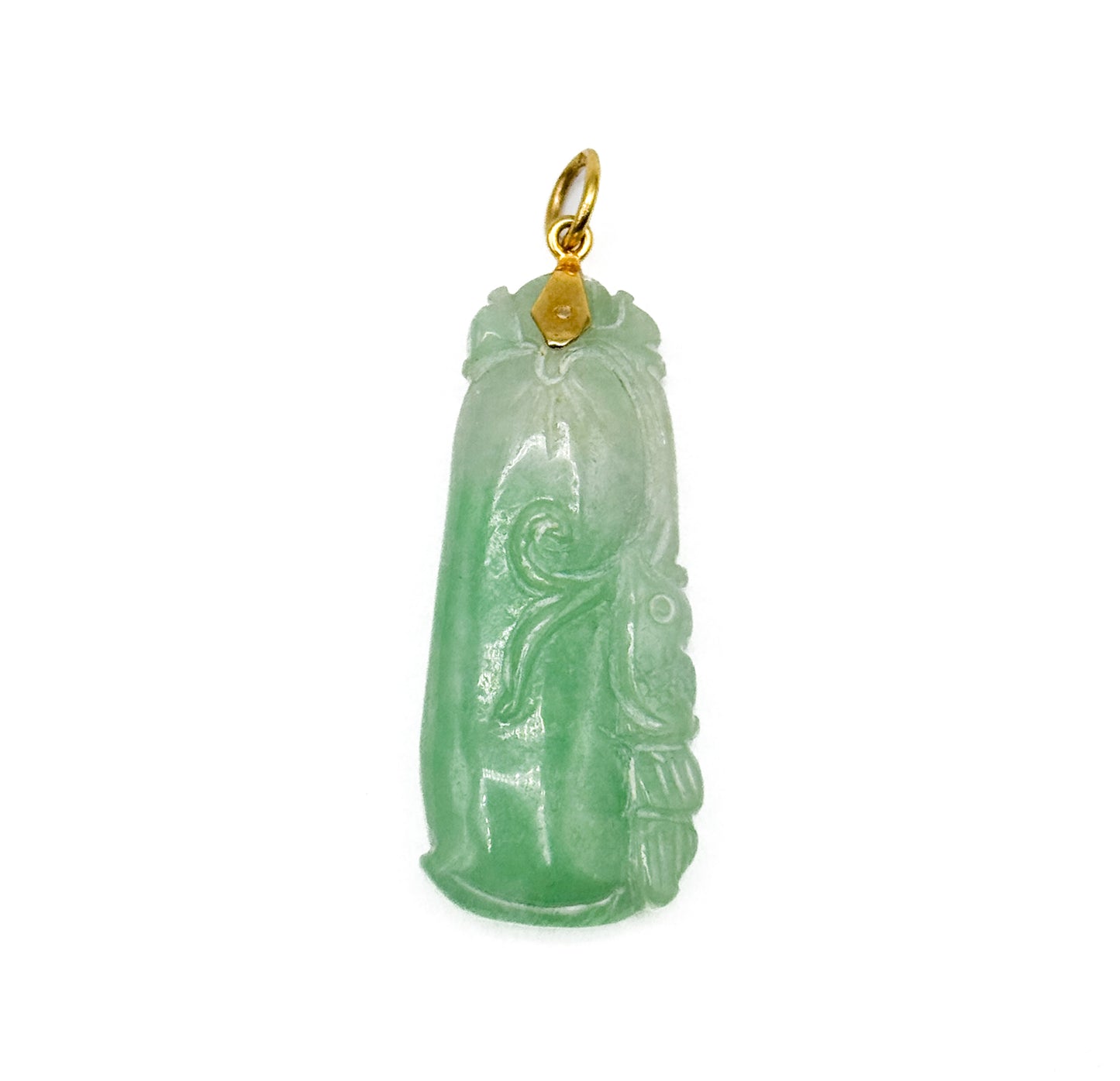Vintage Carved Jade Gourd Pendant with 18K Bail