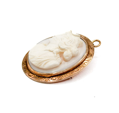 Antique Goddess Diana Carved Shell Cameo Brooch Pendant in Gold