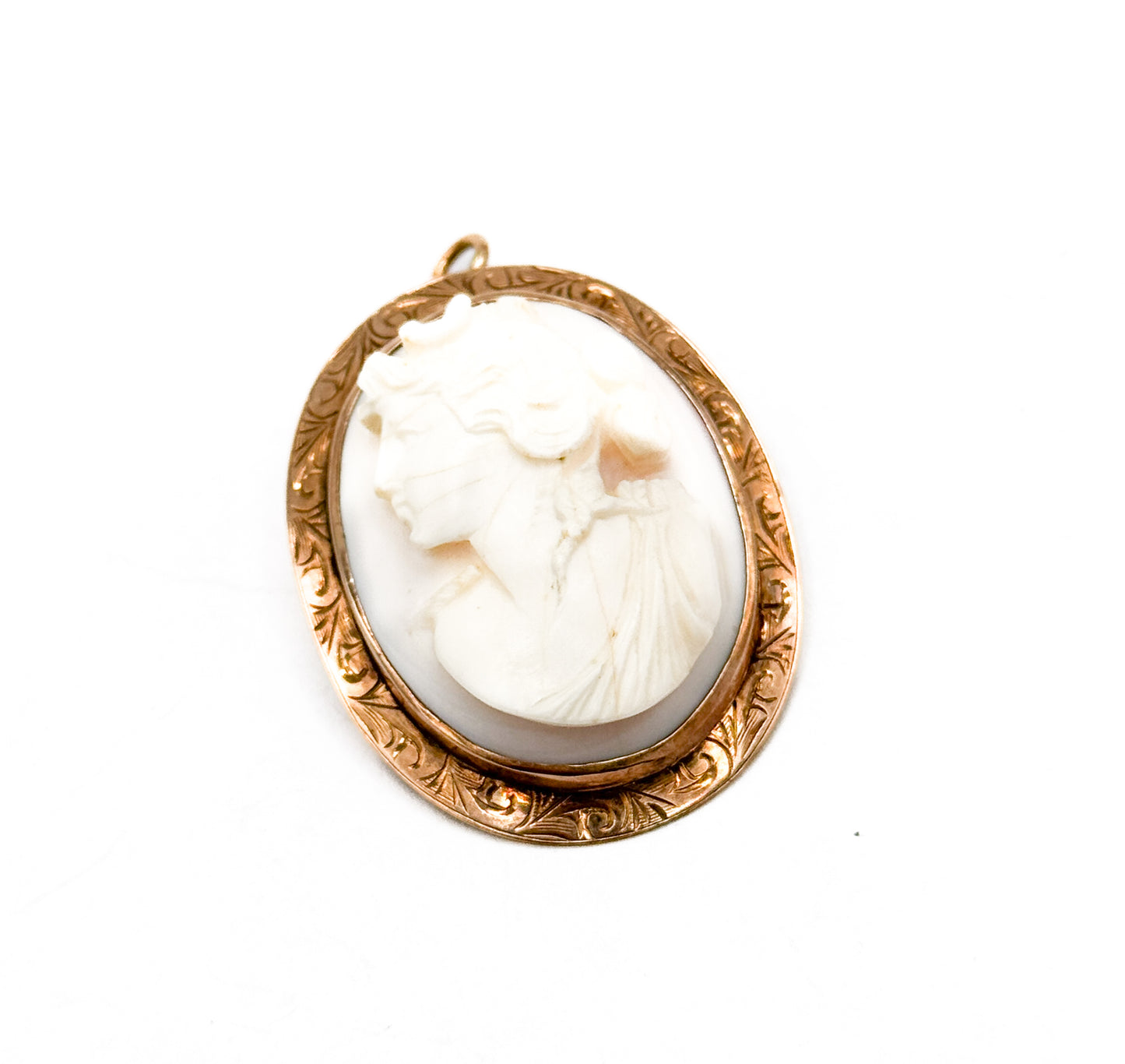 Antique Goddess Diana Carved Shell Cameo Brooch Pendant in Gold