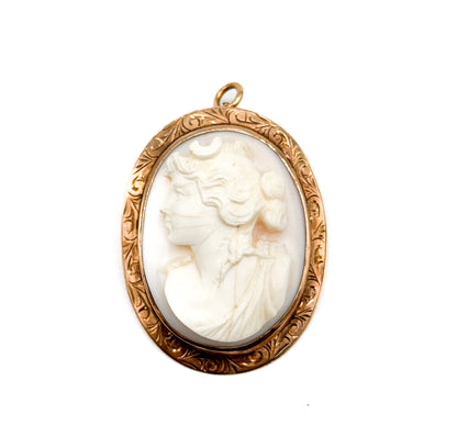 Antique Goddess Diana Carved Shell Cameo Brooch Pendant in Gold