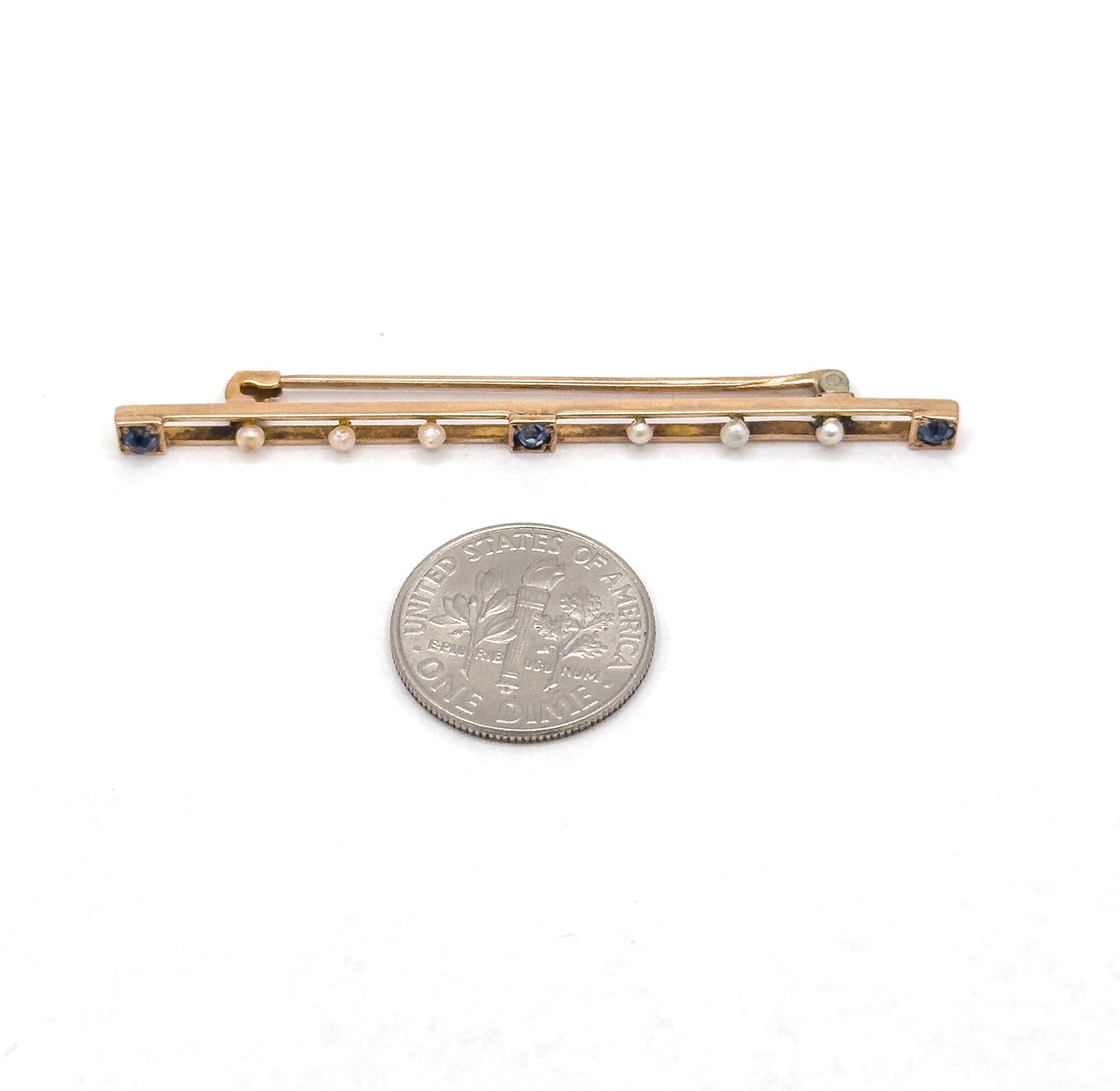 Edwardian Bar Brooch with Seed Pearls & Blue Paste Gems in Gold