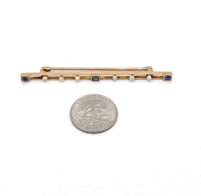 Edwardian Bar Brooch with Seed Pearls & Blue Paste Gems in Gold