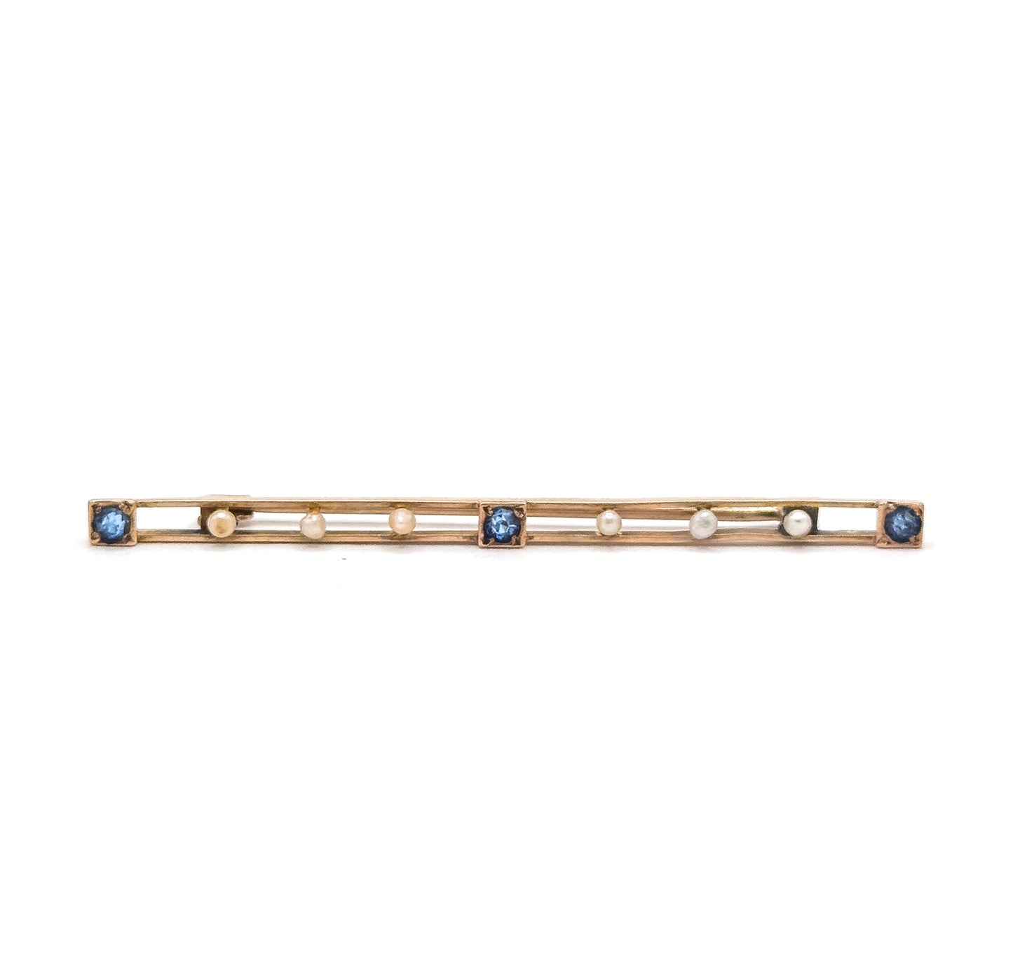 Edwardian Bar Brooch with Seed Pearls & Blue Paste Gems in Gold