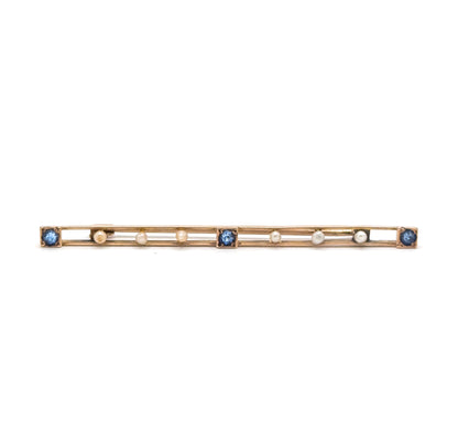 Edwardian Bar Brooch with Seed Pearls & Blue Paste Gems in Gold