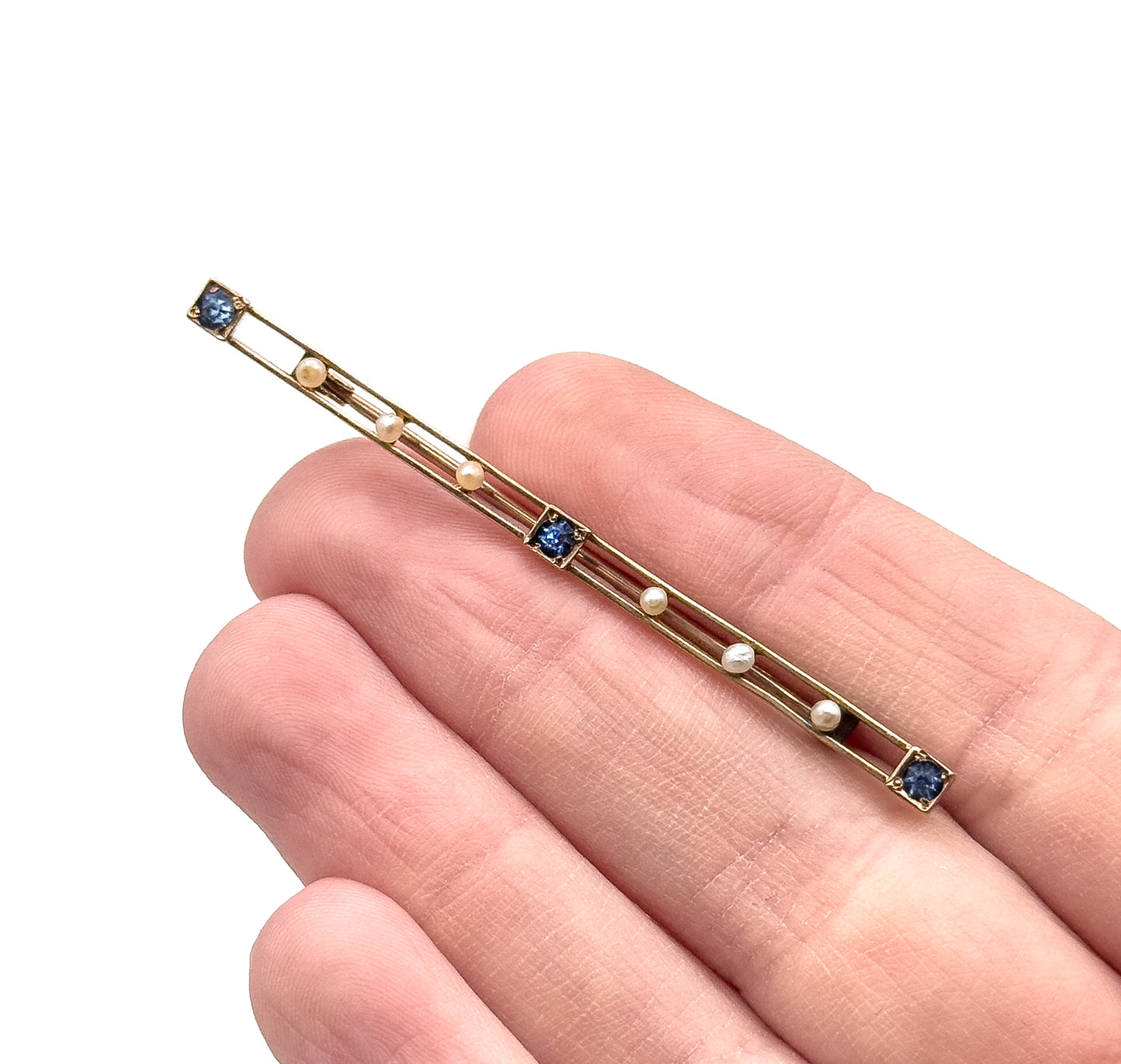 Edwardian Bar Brooch with Seed Pearls & Blue Paste Gems in Gold
