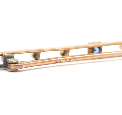Edwardian Bar Brooch with Seed Pearls & Blue Paste Gems in Gold