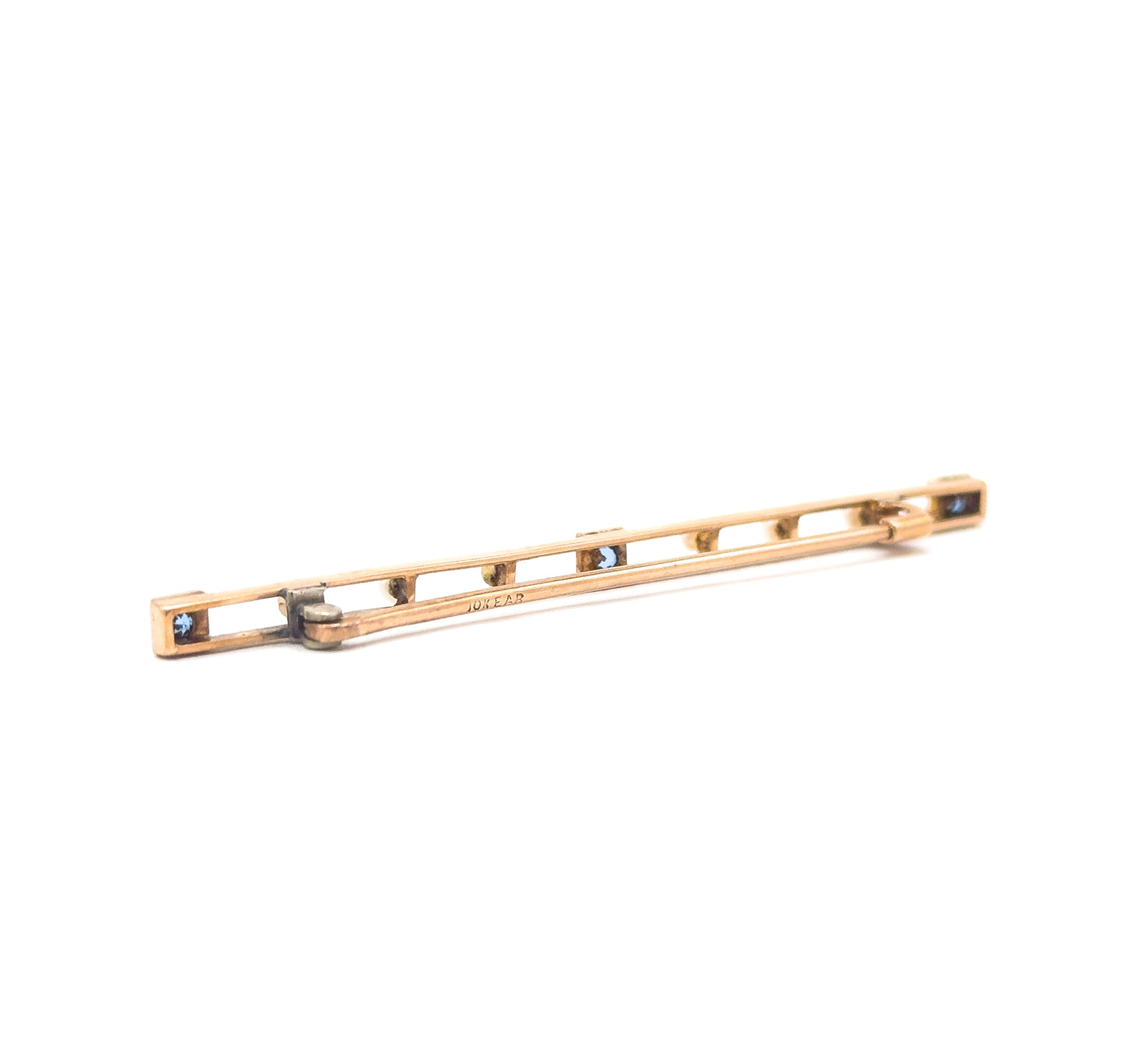 Edwardian Bar Brooch with Seed Pearls & Blue Paste Gems in Gold