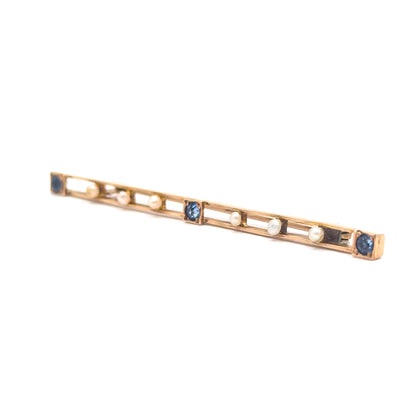 Edwardian Bar Brooch with Seed Pearls & Blue Paste Gems in Gold