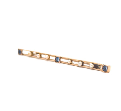 Edwardian Bar Brooch with Seed Pearls & Blue Paste Gems in Gold