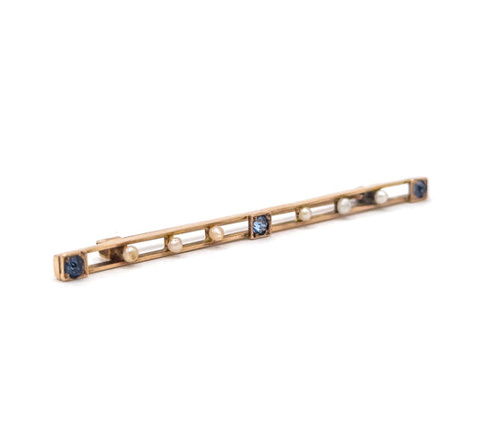 Edwardian Bar Brooch with Seed Pearls & Blue Paste Gems in Gold