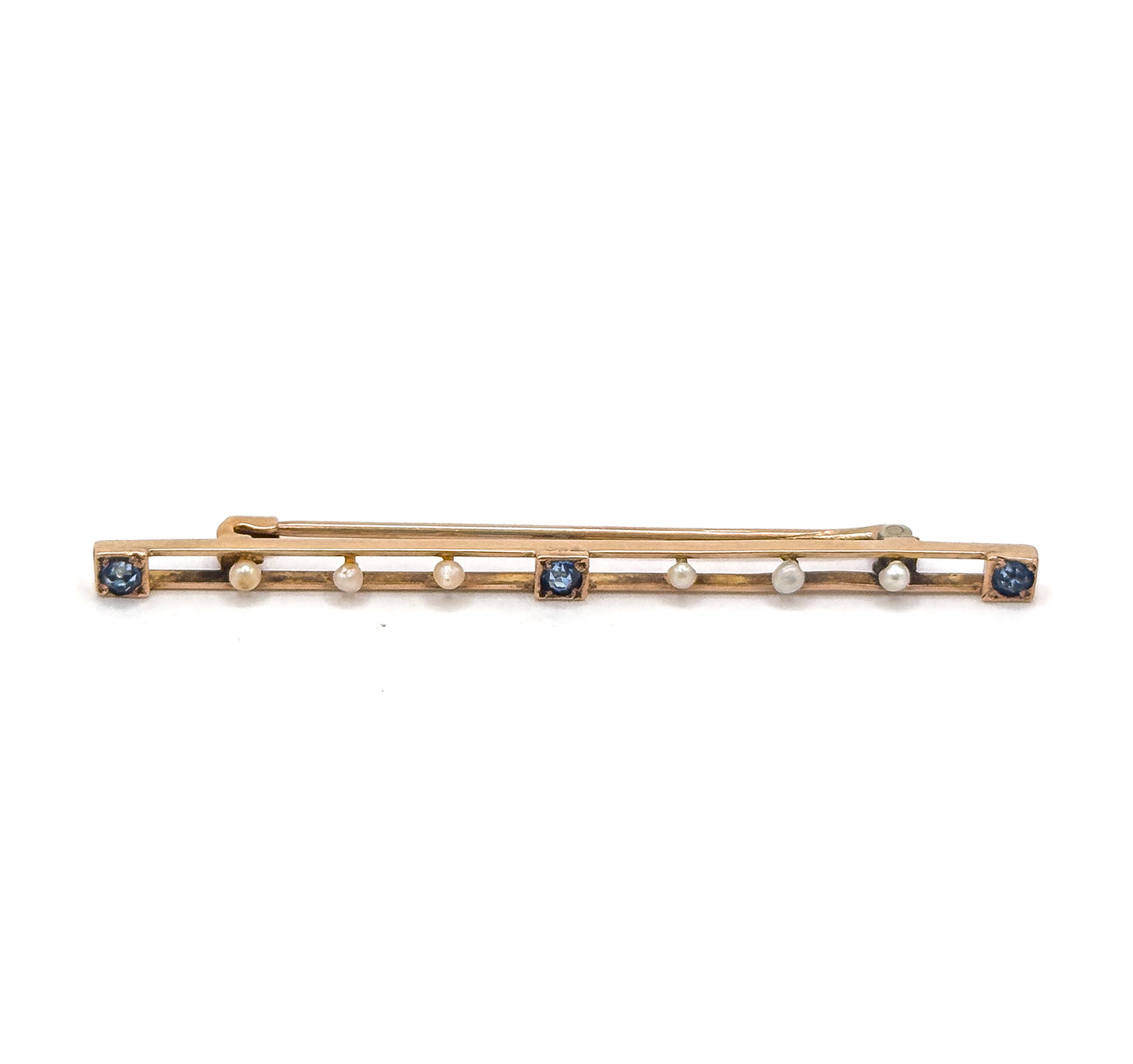 Edwardian Bar Brooch with Seed Pearls & Blue Paste Gems in Gold