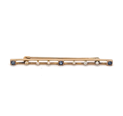 Edwardian Bar Brooch with Seed Pearls & Blue Paste Gems in Gold