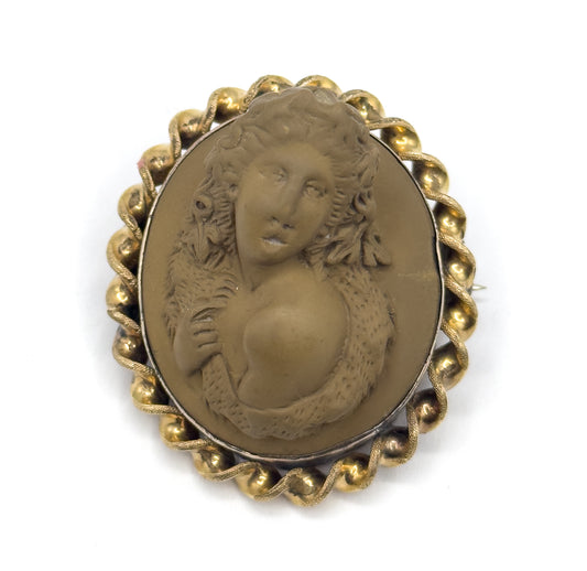 Victorian Bacchante Lava Cameo Brooch in High Relief