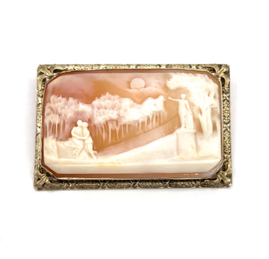 Edwardian Carved Shell Cameo Brooch in 14K Yellow Gold