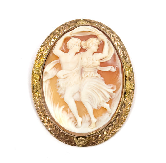 Edwardian Signed Carved Shell Cameo Brooch 10K GF