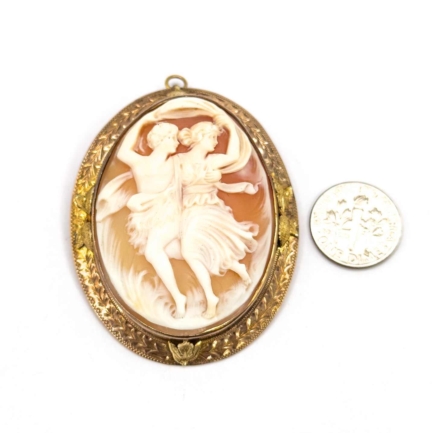 Edwardian Signed Carved Shell Cameo Brooch 10K GF