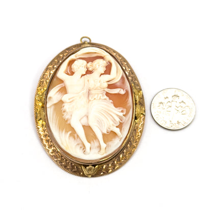 Edwardian Signed Carved Shell Cameo Brooch 10K GF