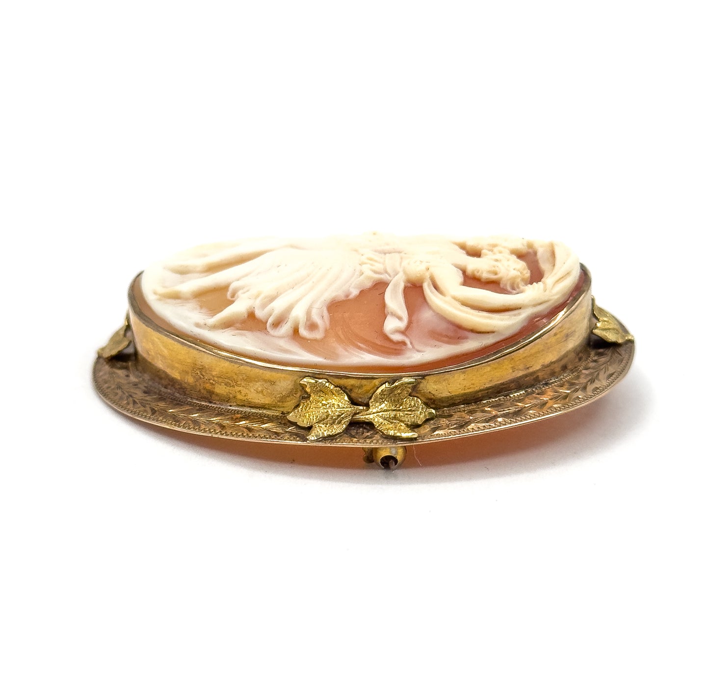 Edwardian Signed Carved Shell Cameo Brooch 10K GF