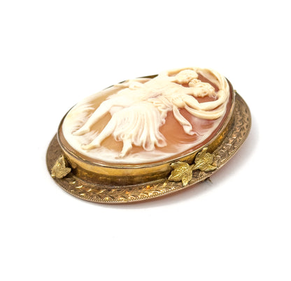 Edwardian Signed Carved Shell Cameo Brooch 10K GF
