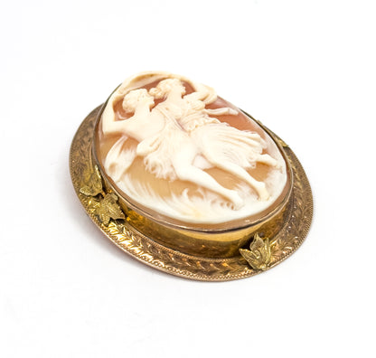 Edwardian Signed Carved Shell Cameo Brooch 10K GF
