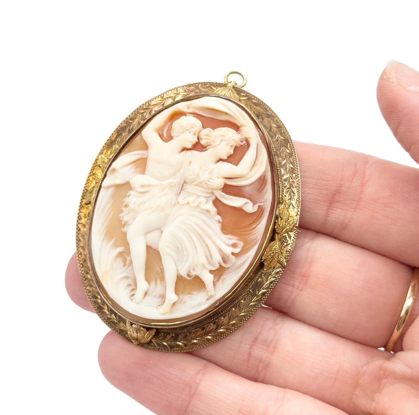 Edwardian Signed Carved Shell Cameo Brooch 10K GF