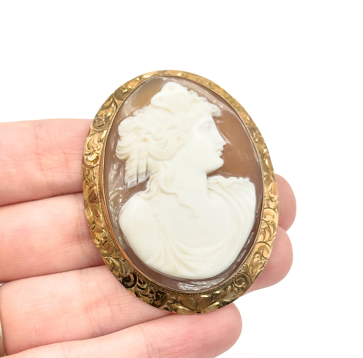 An Edwardian carved shell cameo brooch in 10K yellow gold, shown resting on open fingers for scale, its creamy white female profile raised against caramel brown within an engraved floral oval mounting.