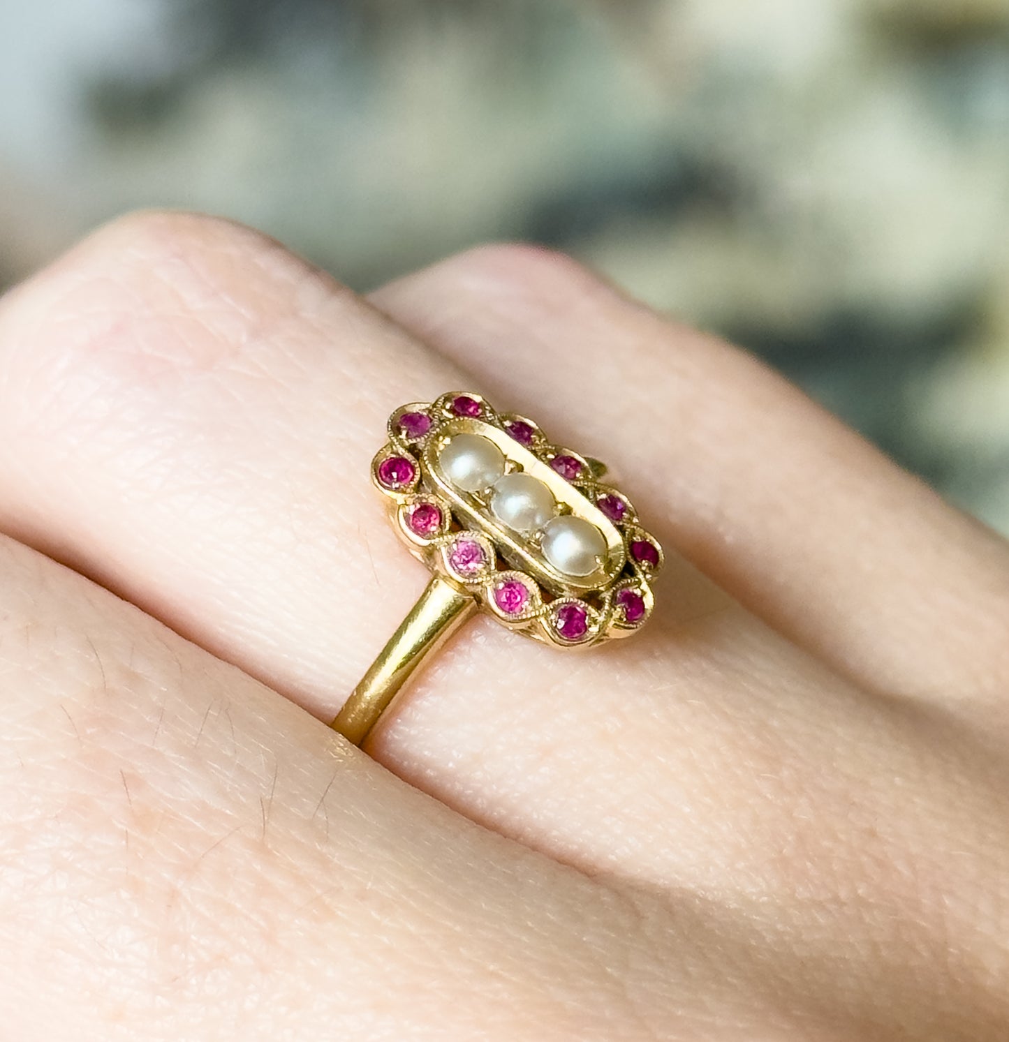 Contemporary Pearl & Ruby Scalloped Ring in 14K Yellow Gold