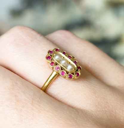 Contemporary Pearl & Ruby Scalloped Ring in 14K Yellow Gold