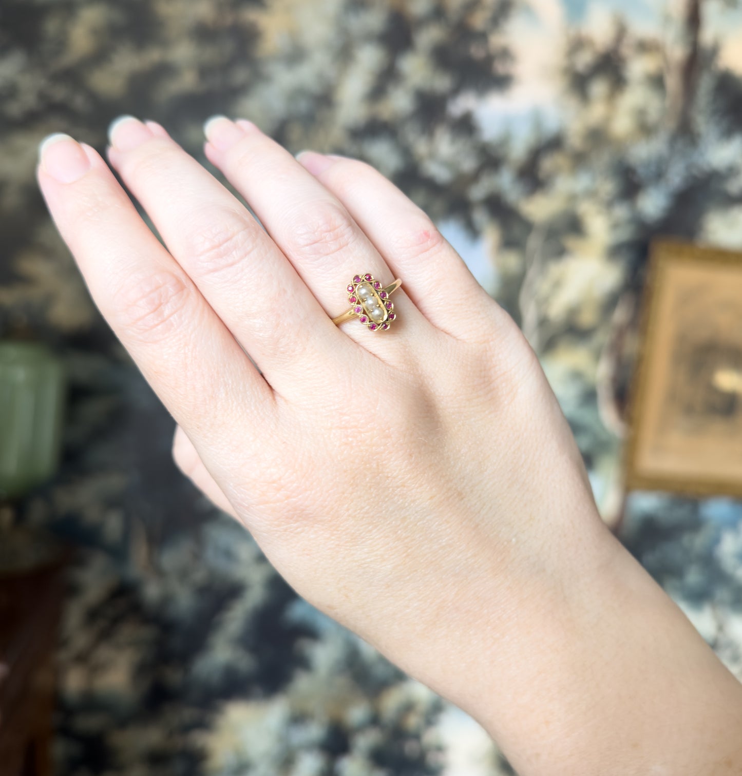Contemporary Pearl & Ruby Scalloped Ring in 14K Yellow Gold