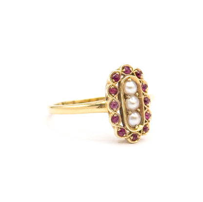Contemporary Pearl & Ruby Scalloped Ring in 14K Yellow Gold