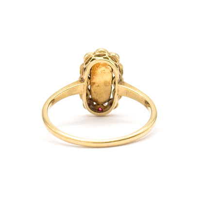 Contemporary Pearl & Ruby Scalloped Ring in 14K Yellow Gold