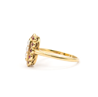 Contemporary Pearl & Ruby Scalloped Ring in 14K Yellow Gold