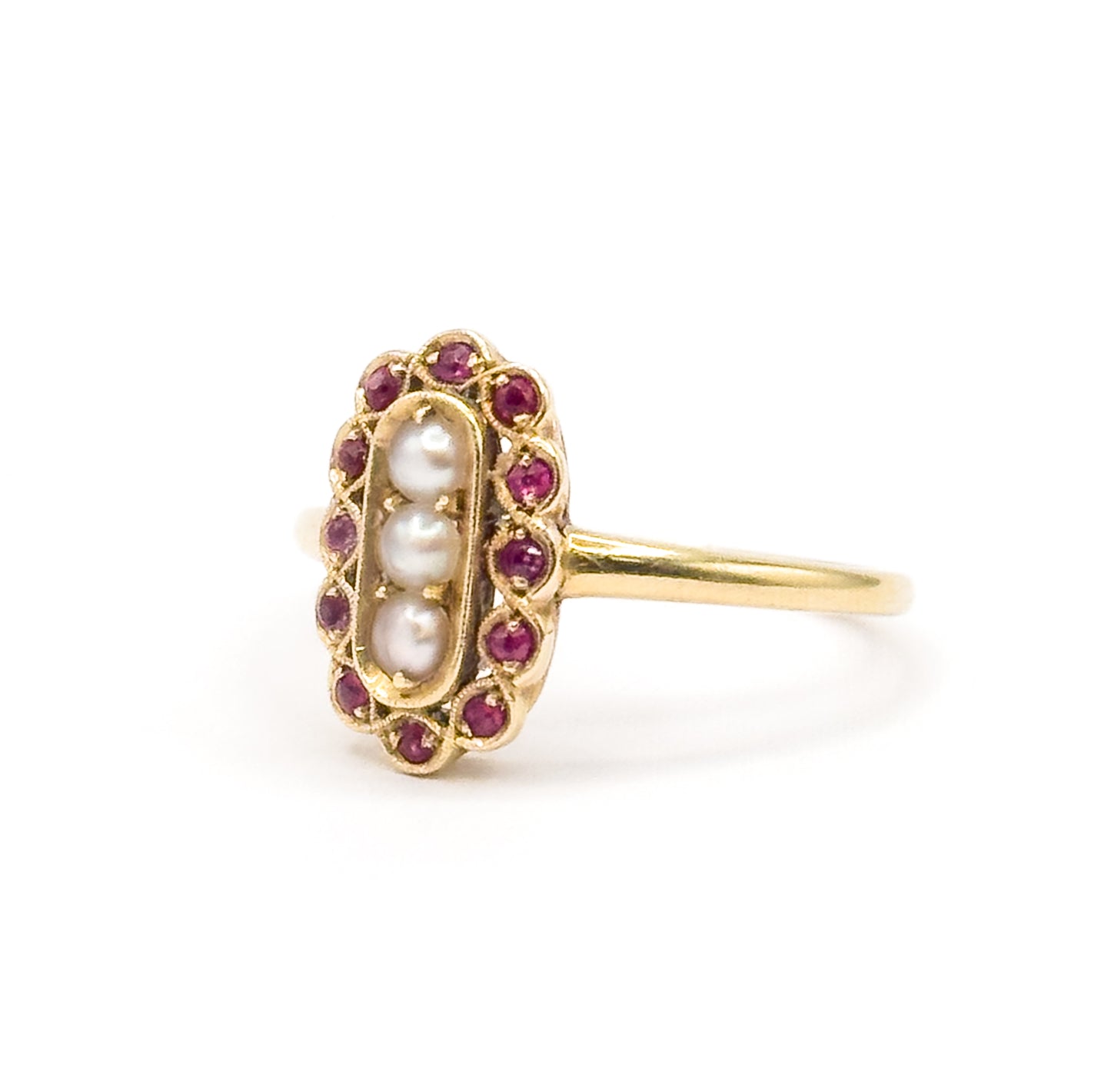 Contemporary Pearl & Ruby Scalloped Ring in 14K Yellow Gold