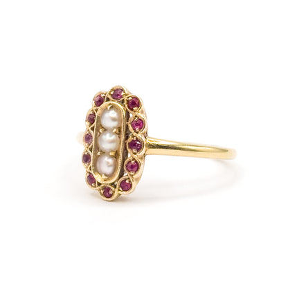 Contemporary Pearl & Ruby Scalloped Ring in 14K Yellow Gold