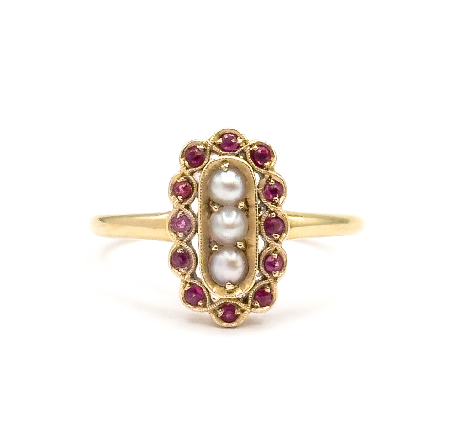 Contemporary Pearl & Ruby Scalloped Ring in 14K Yellow Gold