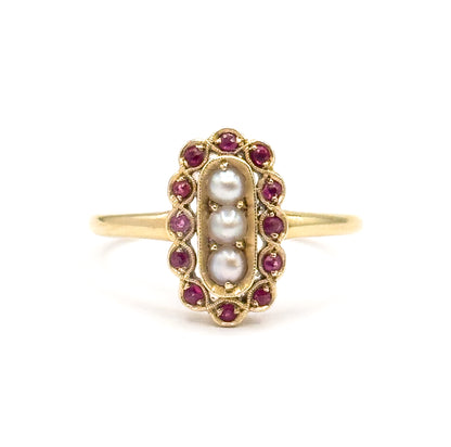 Contemporary Pearl & Ruby Scalloped Ring in 14K Yellow Gold