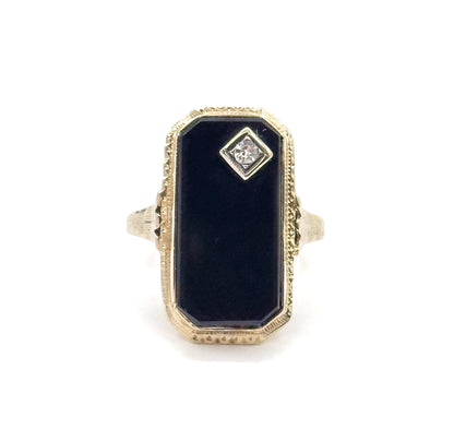 Art Deco Onyx & Diamond Ring in 14K Yellow Gold