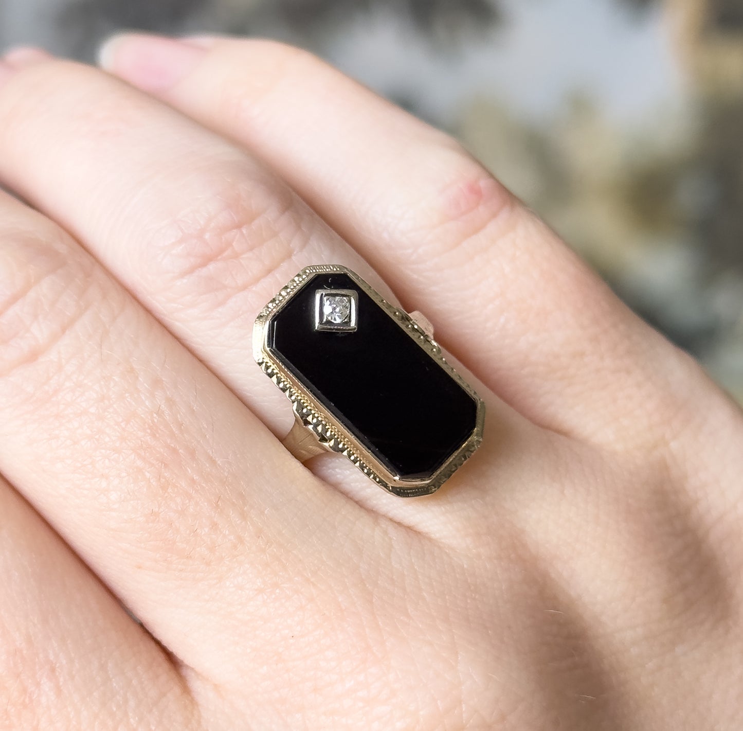 Art Deco Onyx & Diamond Ring in 14K Yellow Gold