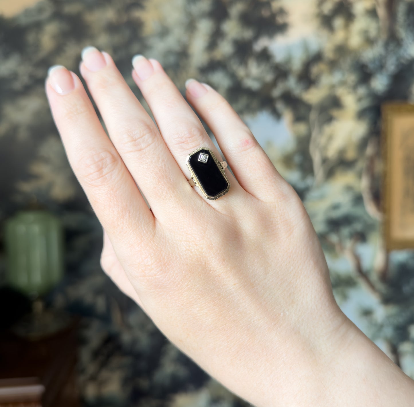 Art Deco Onyx & Diamond Ring in 14K Yellow Gold