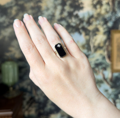 Art Deco Onyx & Diamond Ring in 14K Yellow Gold